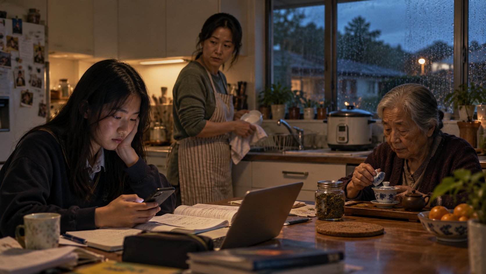 Liu household, composite — three generations in an evening kitchen: a teenager checking her phone over homework and a laptop, her mother drying dishes, her grandmother pouring tea, rain on the window.