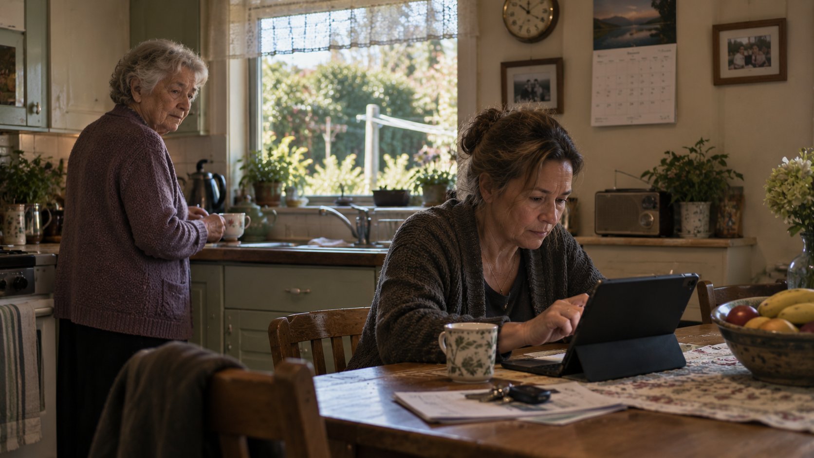 A kitchen, composite. A daughter works on a tablet at the table while her elderly mother stands at the bench with a cup of tea, watching her.