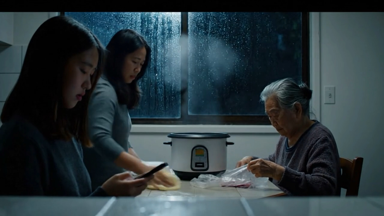 Liu family — Chinese-NZ migrant household. Three generations at a kitchen table, rain on the window behind them.
